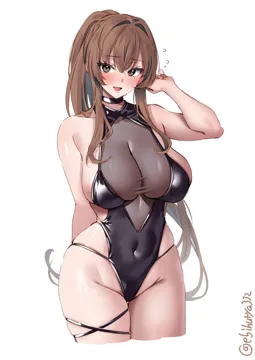 1girl alternate_costume arm_behind_back artist_name bare_shoulders black_choker blush breasts brown_eyes brown_hair choker covered_collarbone covered_navel cropped_legs ebifurya furrowed_brow groin hair_between_eyes hair_intakes hand_up high_ponytail highleg kantai_collection long_hair looking_at_viewer one_hour_drawing_challenge open_mouth ponytail sideboob sidelocks simple_background skindentation smile solo thigh_gap thighs twitter_username very_long_hair white_background yamato__kancolle