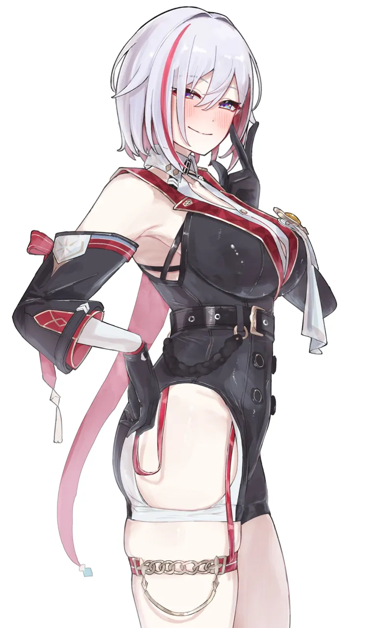 1girl armpits bare_shoulders belt belt_buckle black_belt black_gloves black_unitard blue_eyes blush breasts buckle buttons chain closed_mouth clothing_cutout collared_shirt covered_navel cowboy_shot detached_sleeves diamond__shape gloves grey_hair hair_between_eyes large_breasts looking_at_viewer medal medium_hair multicolored_hair red_hair shirt simple_background skindentation sleeveless sleeveless_shirt smile solo streaked_hair thigh_strap thighs unitard white_background white_shirt wing_collar sanshoku_dango__shukosuko honkai__star_rail honkai__series topaz__honkai__star_rail