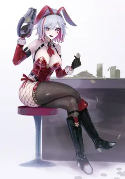 1girl alternate_costume animal_ears black_boots black_gloves black_hairband blue_eyes boots breasts colored_inner_hair crossed_legs detached_collar detached_sleeves diamond__shape facial_mark fake_animal_ears fishnet_pantyhose fishnets gloves gradient_background grey_background grey_hair grey_thighhighs gun hair_ornament hairband halterneck high_heel_boots high_heels holding holding_gun holding_weapon large_breasts leotard long_sleeves multicolored_hair necktie open_mouth pantyhose playboy_bunny rabbit_ears red_hair red_leotard red_necktie short_hair sitting smile solo thighhighs thighs weapon white_background sanshoku_dango__shukosuko honkai__star_rail honkai__series topaz__honkai__star_rail