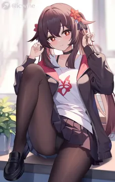 _3 1girl alternate_costume artist_logo black_bra black_choker black_jacket black_panties black_pantyhose black_ribbon black_shoes black_skirt blush bra bra_strap brown_hair choker closed_mouth flower flower_shaped_pupils foot_up genshin_impact hair_flaps hair_ribbon hand_in_own_hair hands_up holding holding_own_hair hu_tao__genshin_impact icwine jacket loafers logo long_hair long_sleeves miniskirt open_clothes open_jacket panties panties_under_pantyhose pantyhose plant pleated_skirt plum_blossoms polished_shoes potted_plant red_eyes red_flower ribbon shirt shoes sitting skirt smile solo symbol_shaped_pupils thighs twintails twitter_username underwear v_neck white_shirt zipper_pull_tab