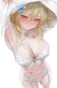 1girl aegyo_sal alternate_breast_size armpits arms_up blonde_hair blush bra breasts choker cleavage closed_mouth clothes_lift collarbone flower garter_belt genshin_impact hair_between_eyes hair_flower hair_ornament hickey lace_trim lace_trimmed_bra lace_trimmed_panties large_breasts looking_at_viewer lumine__genshin_impact navel o_ring panties pottsness short_hair_with_long_locks sweater sweater_lift thighhighs twitter_username underwear undressing white_background white_bra white_choker white_garter_belt white_panties white_sweater white_thighhighs yellow_eyes