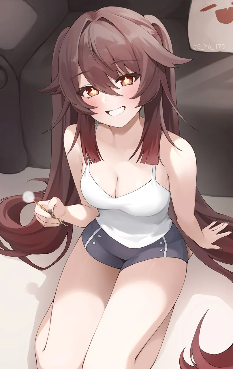 1girl between_breasts black_nails black_shorts blush boo_tao__genshin_impact breasts brown_hair cleavage coattails flower_shaped_pupils genshin_impact ghost grin gya__144 hair_intakes hu_tao__genshin_impact legs long_hair looking_at_viewer medium_breasts mimikaki seiza shorts sidelocks sitting smile solo symbol_shaped_pupils tank_top teeth thighs twintails very_long_hair white_tank_top