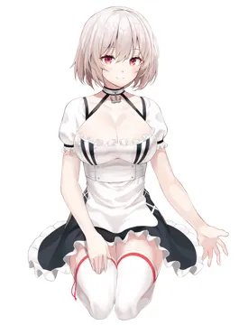 1girl black_dress blush breasts choker cleavage collarbone dress grey_hair lap_pillow_invitation large_breasts looking_at_viewer maid red_eyes seiza short_hair short_sleeves simple_background sitting smile solo thighhighs white_background white_thighhighs zettai_ryouiki niji__rudduf232 azur_lane sirius__azur_lane
