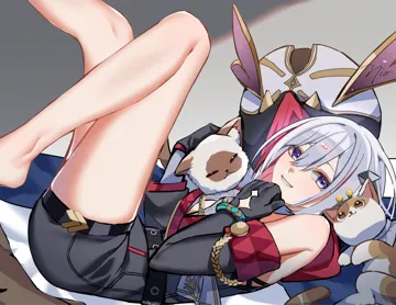 1girl bare_shoulders belt black_belt black_gloves black_unitard blue_eyes breasts cat colored_inner_hair gloves grey_hair hair_between_eyes hair_ornament large_breasts multicolored_hair red_hair shirt short_hair smile streaked_hair thigh_focus thigh_strap thighs unitard white_hair om_rm1101 honkai__star_rail honkai__series numby__honkai__star_rail topaz__honkai__star_rail trotter__honkai__star_rail