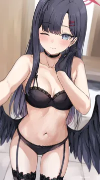 1girl black_bra black_choker black_feathers black_gloves black_hair black_panties black_thighhighs black_wings blue_archive bra breasts choker collarbone feathered_wings feathers gloves grey_eyes hair_ornament hairclip halo hand_up ichika__blue_archive kaetzchen long_hair looking_at_viewer low_wings medium_breasts navel one_eye_closed panties selfie solo stomach thighhighs underwear underwear_only unusually_open_eyes very_long_hair wings