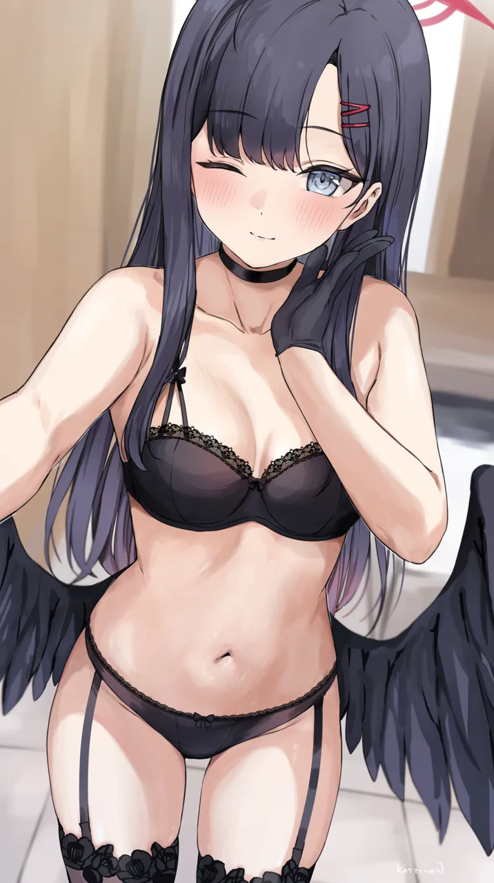 1girl black_bra black_choker black_feathers black_gloves black_hair black_panties black_thighhighs black_wings blue_archive bra breasts choker collarbone feathered_wings feathers gloves grey_eyes hair_ornament hairclip halo hand_up ichika__blue_archive kaetzchen long_hair looking_at_viewer low_wings medium_breasts navel one_eye_closed panties selfie solo stomach thighhighs underwear underwear_only unusually_open_eyes very_long_hair wings