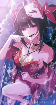 1girl bare_legs bare_shoulders barefoot bell black_choker black_hair blunt_bangs chest_tattoo choker criss_cross_halter fox_mask halterneck hand_up long_hair looking_at_viewer mask mask_on_head neck_bell open_mouth pink_eyes smile solo tattoo thighs twintails sanshoku_dango__shukosuko honkai__star_rail honkai__series sparkle__honkai__star_rail