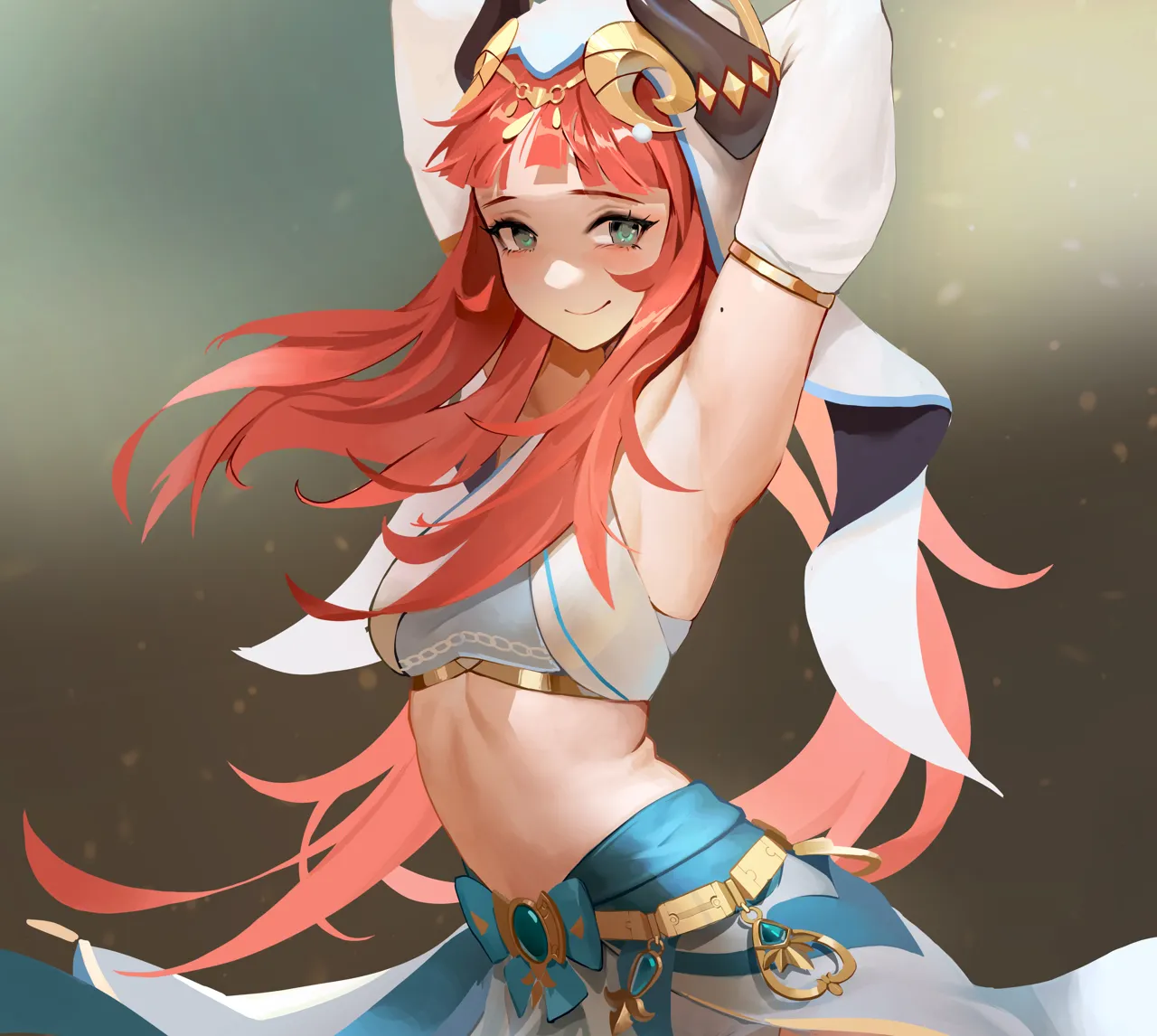 1girl aqua_eyes arm_behind_head armpits arms_up blurry blurry_background blush breasts circlet closed_mouth crop_top detached_sleeves fake_horns gold_trim gradient_background horns jewelry long_hair long_sleeves looking_at_viewer mole mole_on_arm parted_bangs puffy_sleeves red_hair skirt small_breasts smile solo stomach veil vision__genshin_impact white_headwear white_sleeves white_veil midfinger genshin_impact nilou__genshin_impact