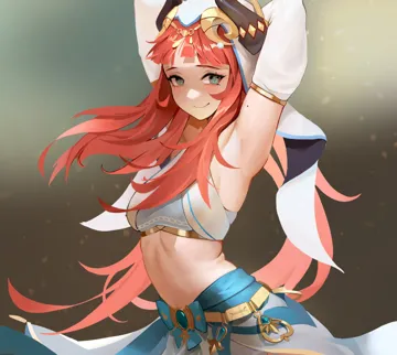 1girl aqua_eyes arm_behind_head armpits arms_up blurry blurry_background blush breasts circlet closed_mouth crop_top detached_sleeves fake_horns gold_trim gradient_background horns jewelry long_hair long_sleeves looking_at_viewer mole mole_on_arm parted_bangs puffy_sleeves red_hair skirt small_breasts smile solo stomach veil vision__genshin_impact white_headwear white_sleeves white_veil midfinger genshin_impact nilou__genshin_impact