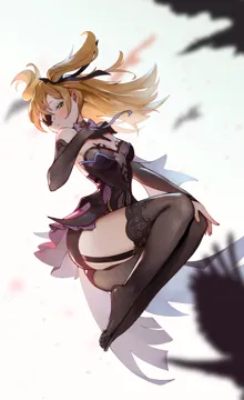 1girl bare_shoulders bird black_dress black_pantyhose black_ribbon black_thighhighs blonde_hair blurry blurry_foreground blush bow bowtie breasts closed_mouth detached_sleeves dress elbow_gloves eyepatch floating_hair full_body garter_straps gloves green_eyes hair_ribbon long_hair looking_at_viewer medium_breasts pantyhose purple_bow purple_bowtie ribbon sidelocks simple_background single_elbow_glove single_glove single_leg_pantyhose single_thighhigh solo thighhighs thighs two_side_up white_background midfinger genshin_impact fischl__genshin_impact