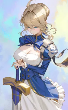 1girl ahoge blonde_hair blue_dress breasts cleavage closed_mouth cowboy_shot dress excalibur__fate_stay_night frilled_skirt frills green_eyes half_closed_eyes large_breasts planted planted_sword skirt solo sword weapon white_skirt sib__9obsl fate_stay_night fate_unlimited_blade_works fate__series honkai__star_rail honkai__series artoria_pendragon__fate saber__fate saber__honkai__star_rail__fate