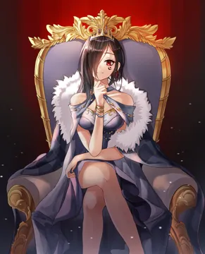 1girl bare_legs bare_shoulders black_hair bracelet breasts collarbone cross cross_earrings crossed_legs crown earrings elbow_rest facial_tattoo feet_out_of_frame fur_trim hair_over_one_eye jewelry light_smile long_hair looking_at_viewer medium_breasts red_eyes sitting sitting_on_throne solo tattoo throne cynthia__uuzz5324 the_binding_of_isaac eve__the_binding_of_isaac