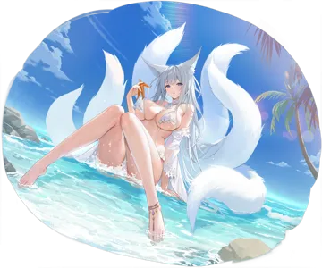 1girl animal_ear_fluff animal_ears anklet azur_lane barefoot bikini breasts cleavage feet fox_ears fox_girl fox_tail in_water jewelry kitsune knees_together_feet_apart knees_up kyuubi large_breasts legs long_hair multiple_tails off_shoulder official_alternate_costume palm_tree purple_eyes see_through_clothes see_through_sleeves shinano__azur_lane shinano__dreamy_white_sands__azur_lane soaryuna starfish swimsuit tail toes tree untied_bikini water white_bikini white_hair white_tail