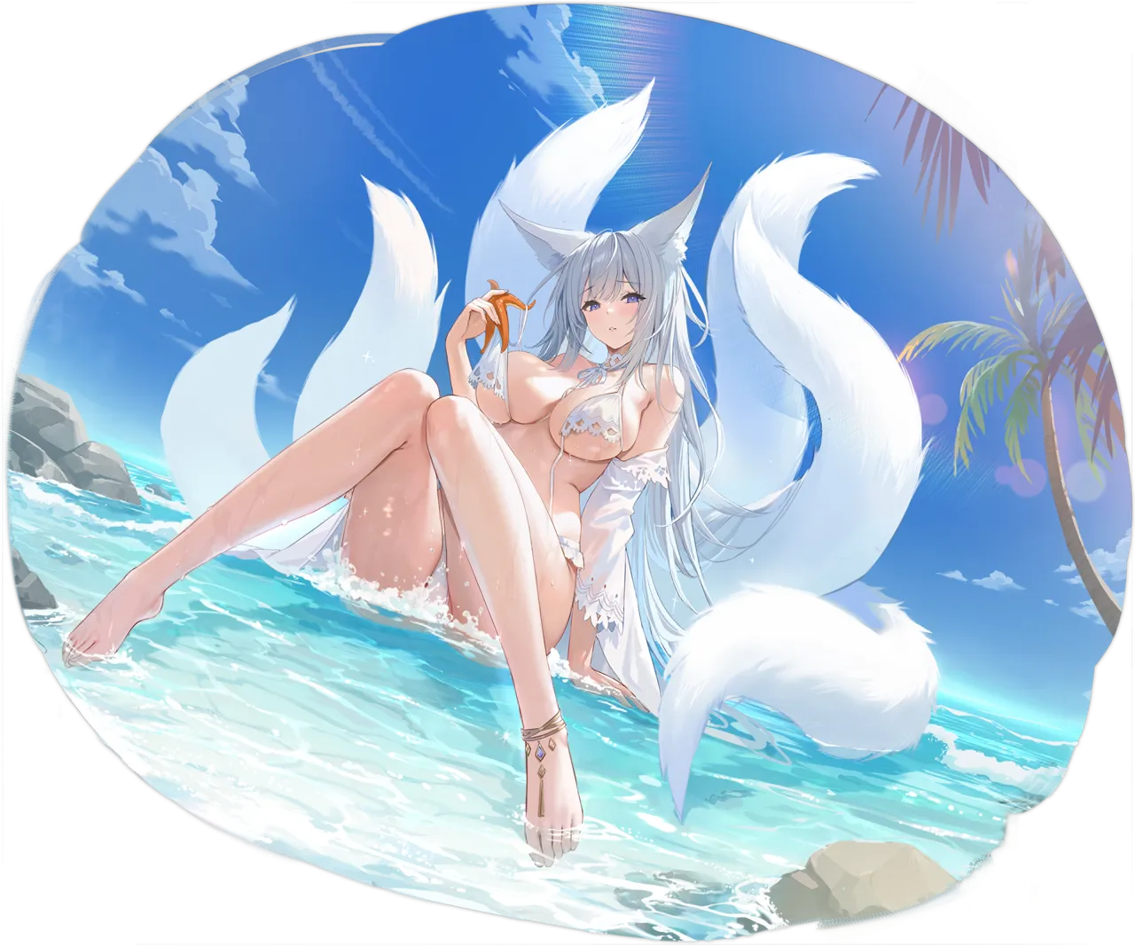 1girl animal_ear_fluff animal_ears anklet azur_lane barefoot bikini breasts cleavage feet fox_ears fox_girl fox_tail in_water jewelry kitsune knees_together_feet_apart knees_up kyuubi large_breasts legs long_hair multiple_tails off_shoulder official_alternate_costume palm_tree purple_eyes see_through_clothes see_through_sleeves shinano__azur_lane shinano__dreamy_white_sands__azur_lane soaryuna starfish swimsuit tail toes tree untied_bikini water white_bikini white_hair white_tail