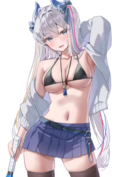 1girl azur_lane bare_shoulders bikini black_bikini black_thighhighs blue_skirt breasts classic__zildjian33 fang hair_ribbon horns jacket long_hair looking_at_viewer medium_breasts multicolored_hair navel official_alternate_costume open_mouth pleated_skirt ribbon skin_fang skirt solo streaked_hair suffren__azur_lane suffren__impulsive_incident__azur_lane swimsuit thighhighs underwear very_long_hair white_background white_hair white_jacket