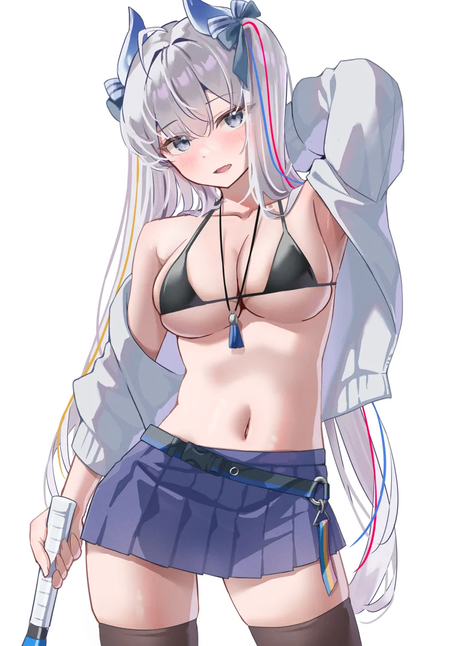 1girl azur_lane bare_shoulders bikini black_bikini black_thighhighs blue_skirt breasts classic__zildjian33 fang hair_ribbon horns jacket long_hair looking_at_viewer medium_breasts multicolored_hair navel official_alternate_costume open_mouth pleated_skirt ribbon skin_fang skirt solo streaked_hair suffren__azur_lane suffren__impulsive_incident__azur_lane swimsuit thighhighs underwear very_long_hair white_background white_hair white_jacket