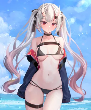 1girl alternate_breast_size andamiro bare_shoulders bikini black_bikini blush breasts collarbone gradient_hair grey_hair hololive horns jacket jacket_over_swimsuit medium_breasts long_hair looking_at_viewer multicolored_hair nakiri_ayame navel oni open_mouth outdoors red_eyes red_hair skin_covered_horns smile solo streaked_hair swimsuit thighs twintails virtual_youtuber