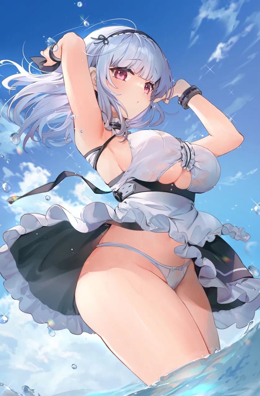 1girl apron arms_up azur_lane bare_shoulders black_skirt blue_sky blunt_bangs breasts center_frills clothes_lift clothing_cutout cloud cowboy_shot day dido__azur_lane dutch_angle frilled_apron frilled_hairband frilled_skirt frills groin hairband kita__kitairoha large_breasts long_hair looking_at_viewer maid maid_apron outdoors panties purple_eyes raised_eyebrows shirt sideboob sidelocks skirt skirt_lift sky sleeveless sleeveless_shirt solo sparkle string_panties taut_clothes taut_shirt thick_thighs thighs underboob underboob_cutout underbust underwear wading water water_drop white_apron white_hair white_panties white_shirt wind wind_lift