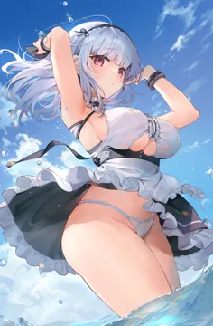 1girl apron arms_up azur_lane bare_shoulders black_skirt blue_sky blunt_bangs breasts center_frills clothes_lift clothing_cutout cloud cowboy_shot day dido__azur_lane dutch_angle frilled_apron frilled_hairband frilled_skirt frills groin hairband kita__kitairoha large_breasts long_hair looking_at_viewer maid maid_apron outdoors panties purple_eyes raised_eyebrows shirt sideboob sidelocks skirt skirt_lift sky sleeveless sleeveless_shirt solo sparkle string_panties taut_clothes taut_shirt thick_thighs thighs underboob underboob_cutout underbust underwear wading water water_drop white_apron white_hair white_panties white_shirt wind wind_lift