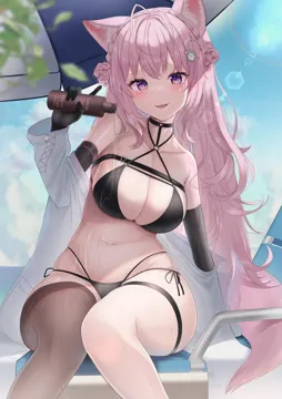 _3 1girl animal_ear_fluff animal_ears antenna_hair bikini black_bikini black_gloves blurry blush bottle braid braided_bun breasts chest_harness chest_strap cleavage cloud cloudy_sky coat collarbone crown_braid depth_of_field double_bun elbow_gloves gloves hair_between_eyes hair_bun hair_ornament hakui_koyori halterneck harness hexagon_hair_ornament holding holding_bottle hololive lab_coat large_breasts lens_flare long_hair looking_at_viewer navel off_shoulder oil open_clothes open_coat pink_hair pouring purple_eyes side_tie_bikini_bottom single_thighhigh sitting skindentation sky smile smirk solo stomach string_bikini swimsuit tail thighhighs tojo_aoi umbrella very_long_hair virtual_youtuber wolf_ears wolf_tail