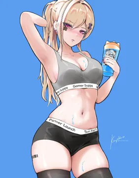 1girl arm_up armpits barcode barcode_tattoo black_thighhighs blonde_hair blue_background blush braid breasts drink earrings grey_sports_bra hair_ornament holding holding_drink jewelry long_hair nail_polish navel pink_eyes ribbon side_braid simple_background skindentation skirt solo sports_bra standing tattoo thighhighs x_hair_ornament keyokku