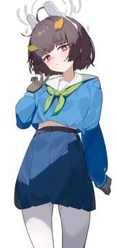 1girl alternate_hair_length alternate_hairstyle animal_ears black_gloves black_hair blue_serafuku blue_skirt fake_animal_ears gloves green_neckerchief grey_halo halo leaf leaf_on_head neckerchief pantyhose rabbit_ears red_eyes sailor_collar school_uniform serafuku skirt solo white_pantyhose white_sailor_collar hijo__nakare2845 blue_archive miyu__blue_archive