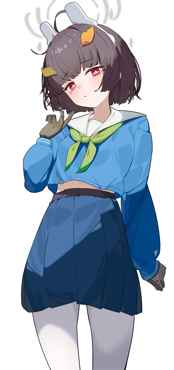 1girl alternate_hair_length alternate_hairstyle animal_ears black_gloves black_hair blue_serafuku blue_skirt fake_animal_ears gloves green_neckerchief grey_halo halo leaf leaf_on_head neckerchief pantyhose rabbit_ears red_eyes sailor_collar school_uniform serafuku skirt solo white_pantyhose white_sailor_collar hijo__nakare2845 blue_archive miyu__blue_archive
