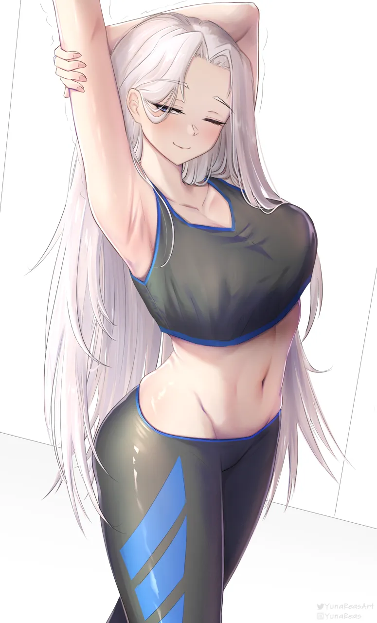 1girl alternate_costume arm_up armpits azur_lane black_sports_bra blue_eyes blush breasts cleavage closed_mouth half_closed_eyes large_breasts long_hair navel one_eye_closed pants parted_bangs presenting_armpit skindentation smile solo sports_bra sportswear stomach stretching very_long_hair white_background white_hair yoga_pants yorktown__azur_lane yunareas