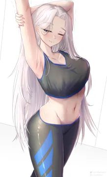 1girl alternate_costume arm_up armpits azur_lane black_sports_bra blue_eyes blush breasts cleavage closed_mouth half_closed_eyes large_breasts long_hair navel one_eye_closed pants parted_bangs presenting_armpit skindentation smile solo sports_bra sportswear stomach stretching very_long_hair white_background white_hair yoga_pants yorktown__azur_lane yunareas