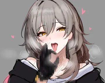 1girl black_gloves black_shirt blush censored fellatio_gesture gloves grey_background grey_hair hair_between_eyes half_closed_eyes hand_up heart heavy_breathing long_hair looking_at_viewer mosaic_censoring motion_lines off_shoulder open_mouth pointless_censoring shirt simple_background solo tongue tongue_out upper_body yellow_eyes mini2chainz honkai__star_rail honkai__series stelle__honkai__star_rail trailblazer__honkai__star_rail