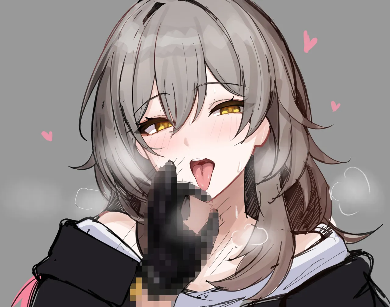 1girl black_gloves black_shirt blush censored fellatio_gesture gloves grey_background grey_hair hair_between_eyes half_closed_eyes hand_up heart heavy_breathing long_hair looking_at_viewer mosaic_censoring motion_lines off_shoulder open_mouth pointless_censoring shirt simple_background solo tongue tongue_out upper_body yellow_eyes mini2chainz honkai__star_rail honkai__series stelle__honkai__star_rail trailblazer__honkai__star_rail
