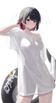 1girl alternate_costume black_hair blush breasts closed_mouth colored_inner_hair cowboy_shot ellen_joe fins fish_tail gonplap large_breasts looking_at_viewer mole mole_under_eye multicolored_hair naked_shirt red_eyes see_through_silhouette shark_girl shark_tail shirt short_hair solo sweat tail towel zenless_zone_zero