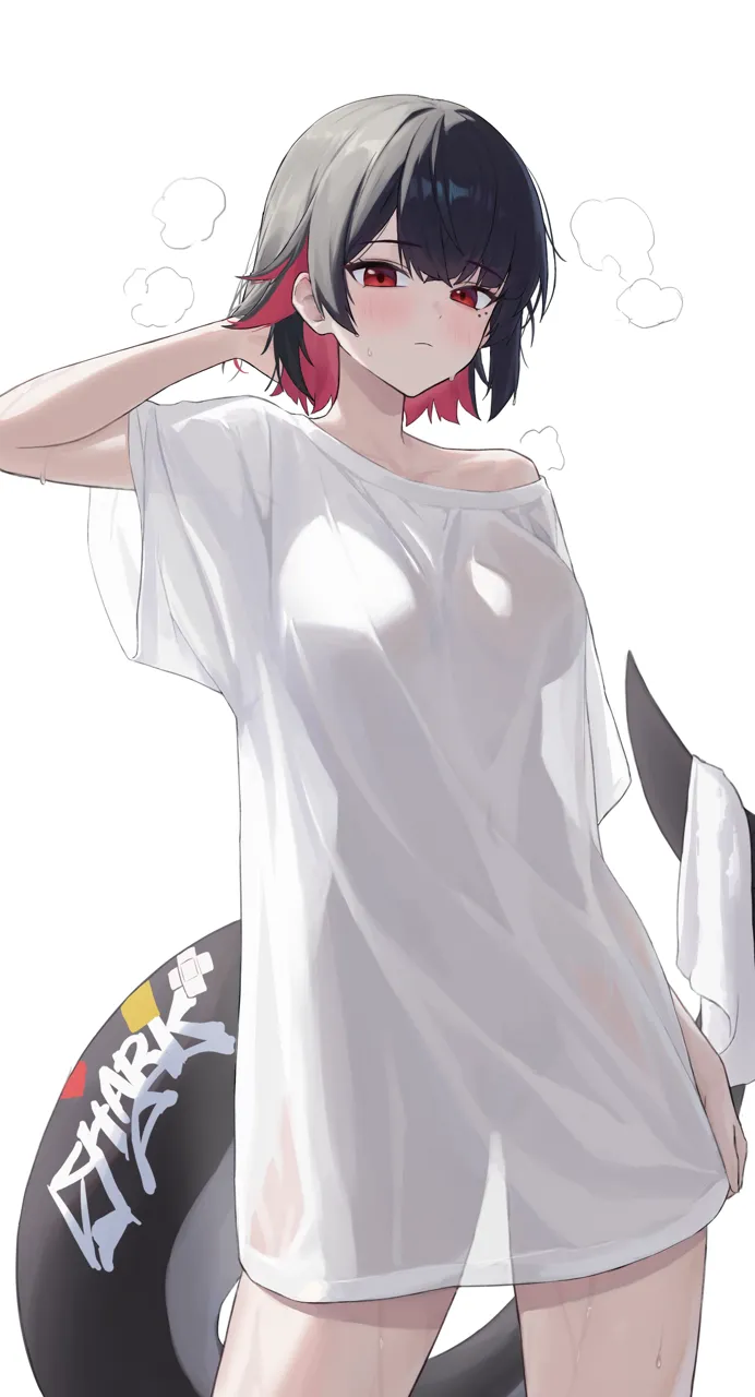 1girl alternate_costume black_hair blush breasts closed_mouth colored_inner_hair cowboy_shot ellen_joe fins fish_tail gonplap large_breasts looking_at_viewer mole mole_under_eye multicolored_hair naked_shirt red_eyes see_through_silhouette shark_girl shark_tail shirt short_hair solo sweat tail towel zenless_zone_zero