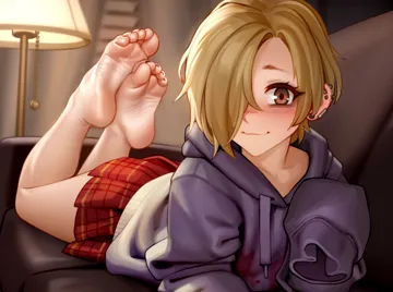 1girl bags_under_eyes bare_legs barefoot blonde_hair blush brown_eyes ear_piercing earrings feet foot_focus foreshortening hair_over_one_eye hood hoodie idolmaster idolmaster_cinderella_girls jewelry kairunoburogu long_sleeves looking_at_viewer lying miniskirt nail_polish on_stomach one_eye_covered piercing shirasaka_koume short_hair skirt sleeves_past_fingers sleeves_past_wrists smile soles solo the_pose toe_scrunch toenail_polish toenails toes