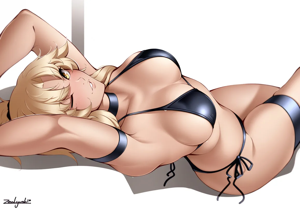 1girl alter_servant armpits arms_up artist_name bikini black_bikini black_choker blonde_hair blush breasts choker cleavage fate__series fate_grand_order grin long_hair looking_at_viewer mordred__fate mordred__swimsuit_rider__fate one_eye_closed ponytail side_tie_bikini_bottom smile solo swimsuit thigh_strap white_background yellow_eyes zealyush