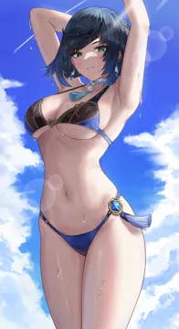 1girl armpits arms_behind_head arms_up bikini black_bikini blue_bikini blue_sky bob_cut braid breasts cleavage diagonal_bangs dice doham earrings genshin_impact green_eyes jewelry large_breasts looking_at_viewer multicolored_bikini multicolored_hair navel neck_tassel parted_lips short_hair sky smile solo string_bikini sunlight swimsuit two_tone_bikini two_tone_hair vision__genshin_impact wet yelan__genshin_impact