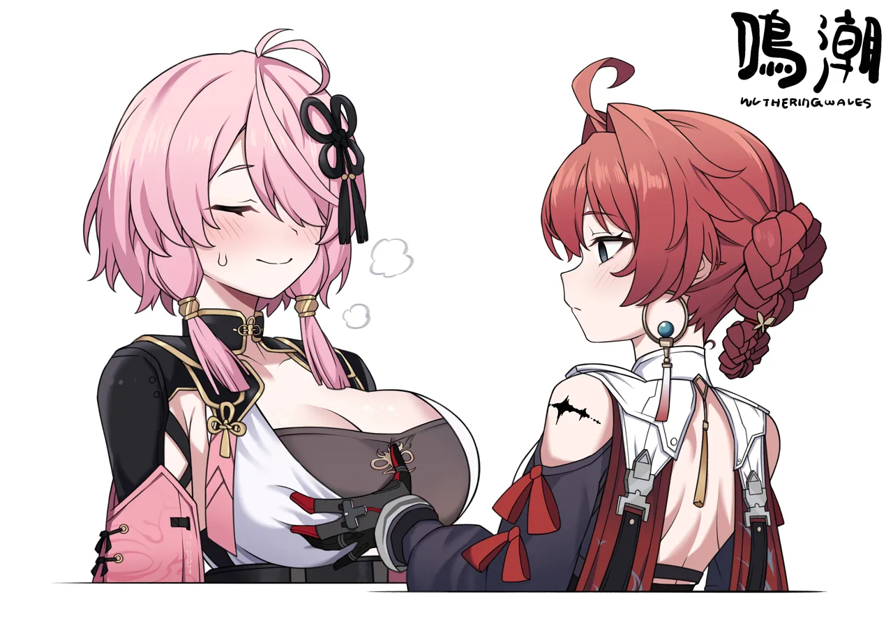 2girls ahoge black_collar black_eyes black_gloves blush breast_envy breasts closed_mouth clothing_cutout collar collarbone earrings empty_eyes folded_braid gloves grabbing_another_s_breast groping hair_ornament hoop_earrings jewelry large_breasts looking_at_breasts multiple_girls pink_hair red_hair short_hair shoulder_blades shoulder_cutout smile sweatdrop tacet_mark__wuthering_waves upper_body white_collar 0haribo0 wuthering_waves danjin__wuthering_waves taoqi__wuthering_waves