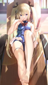 1girl bare_arms bare_legs bare_shoulders barefoot beach_chair black_ribbon blonde_hair blue_eyes blue_one_piece_swimsuit blurry blurry_background bow breasts day dead_or_alive dead_or_alive_5 feet fingernails food foreshortening frills hair_bow hair_ornament hair_ribbon holding long_fingernails long_hair looking_at_viewer marie_rose marie_rose__devilish_servant_against_the_splashing_waves medium_breasts mouth_hold nail_polish nanaken_nana one_piece_swimsuit outdoors pink_nails pocky pocky_day ribbon sitting skindentation sleeveless smile solo swimsuit thighs toenail_polish toenails toes twintails x_hair_ornament