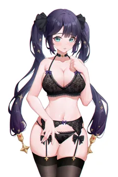 1girl alternate_breast_size alternate_costume asymmetrical_bangs black_bra black_choker black_hair black_panties black_ribbon black_thighhighs blush bra breasts choker cleavage cowboy_shot garter_belt genshin_impact green_eyes hair_ornament hair_ribbon large_breasts lingerie long_hair looking_at_viewer mona__genshin_impact navel panties parted_lips ribbon simple_background skindentation solo standing star__symbol star_hair_ornament stomach thighhighs thighs tujiu_sama twintails underwear underwear_only white_background