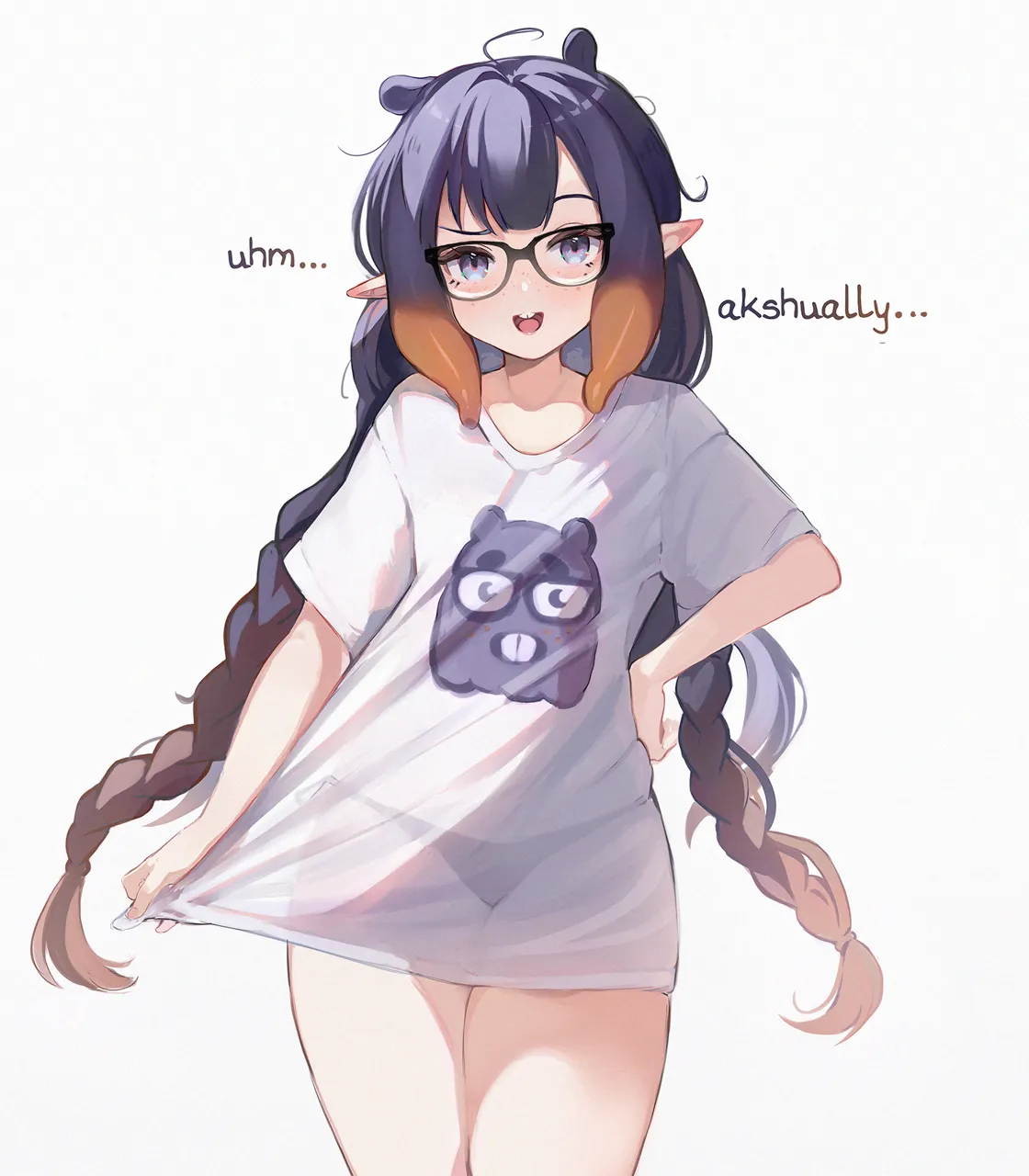 1girl ahoge bare_shoulders bikini black_framed_eyewear black_hair black_panties braid buck_teeth freckles glasses gradient_hair hand_on_own_hip hololive hololive_english koahri long_hair looking_at_viewer messy_hair multicolored_hair nerd_emoji ninomae_ina_nis open_mouth orange_hair panties pointy_ears purple_eyes see_through_clothes shirt_tug side_tie_bikini_bottom sidelocks smile solo swimsuit takodachi__ninomae_ina_nis teeth tentacle_hair twin_braids underwear upper_teeth_only very_long_hair virtual_youtuber