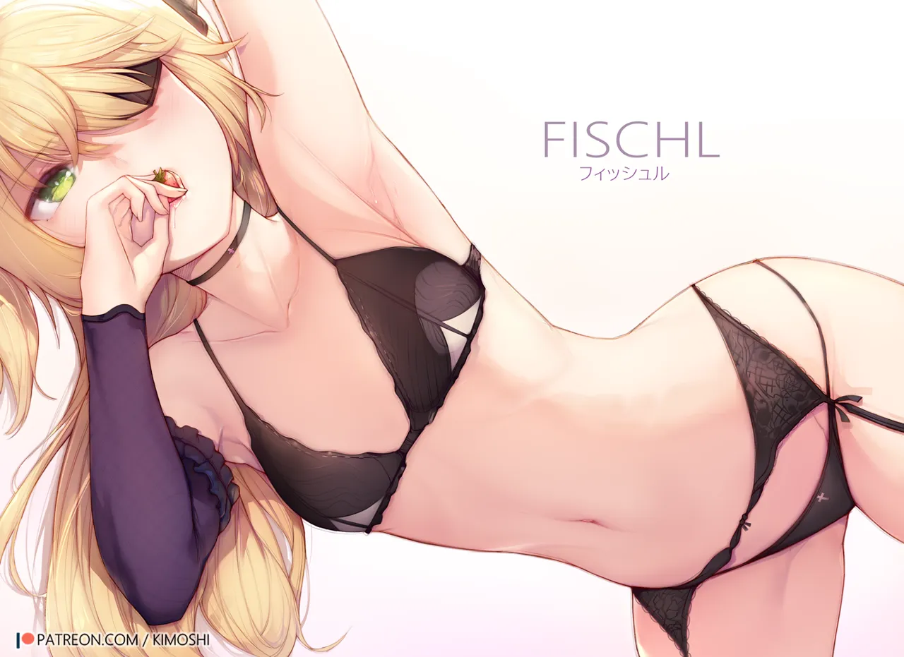 1girl armpits artist_name black_bra black_choker black_panties blonde_hair bra character_name choker collarbone detached_sleeves eating eyepatch fischl__genshin_impact food fruit garter_belt genshin_impact green_eyes kimoshi long_hair long_sleeves navel one_eye_covered open_mouth panties patreon_logo saliva simple_background solo stomach strawberry sweat underwear underwear_only watermark web_address white_background