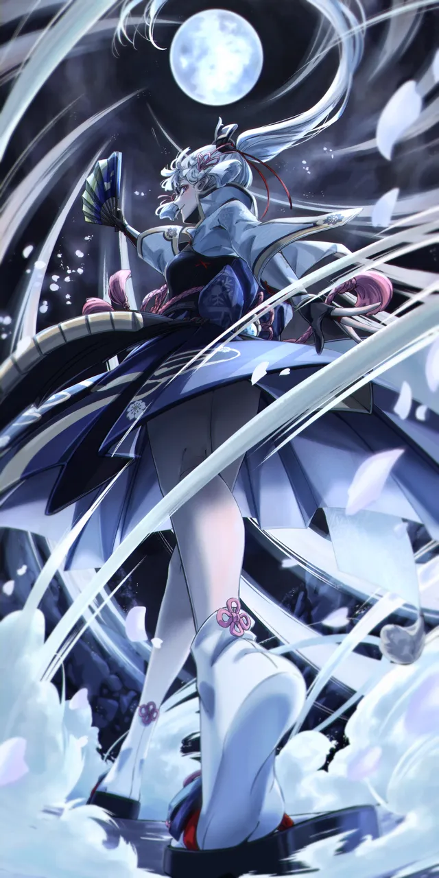 1girl armor black_gloves blue_eyes blue_skirt blunt_tresses dou feet fingerless_gloves floating_hair folding_fan from_behind from_below full_body full_moon gloves grey_hair hair_ribbon hand_fan heel_up japanese_armor kneepits legs long_hair looking_at_viewer looking_back moon night night_sky outdoors outstretched_arm partially_fingerless_gloves ponytail ribbon sandals sidelocks skirt sky smile socks soles solo standing tabi very_long_hair walking white_hair white_socks wide_sleeves zouri taiju__gr09kuma genshin_impact kamisato_ayaka__genshin_impact