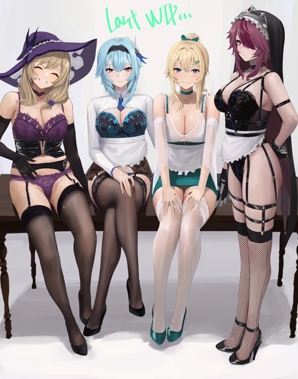 4girls alternate_costume apron arms_behind_back bare_shoulders black_corset black_footwear black_gloves black_hairband black_thighhighs blonde_hair blue_eyes blue_hair blush bow bra breasts brown_hair chela77 choker cleavage cleavage_cutout closed_eyes clothing_cutout collarbone corset crossed_legs detached_sleeves elbow_gloves embroidered_bra eula__genshin_impact fishnet_thighhighs fishnets frills full_body garter_belt genshin_impact gloves grin habit hair_between_eyes hair_bow hair_ornament hairband hand_on_own_crotch hand_on_own_knee hands_on_own_thighs hat high_heels jean__genshin_impact large_breasts legwear_garter lingerie lisa__genshin_impact long_hair looking_at_viewer maid medium_hair miniskirt multicolored_hair multiple_girls nun panties panties_over_garter_belt pencil_skirt ponytail purple_eyes purple_hair purple_headwear red_hair rosaria__genshin_impact short_hair sidelocks simple_background sitting sitting_on_table skindentation skirt smile standing streaked_hair table thighhighs underwear waist_apron white_background white_thighhighs witch_hat