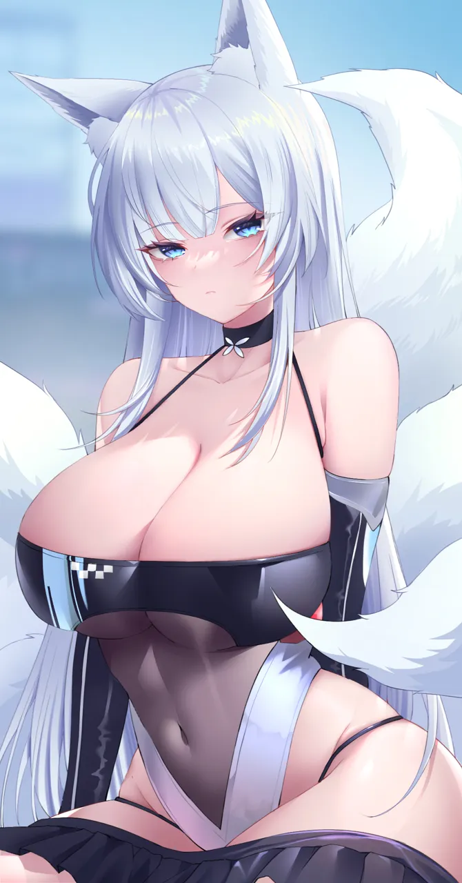 1girl aki_hishi_aana animal_ears arm_behind_back azur_lane breasts cleavage covered_navel elbow_gloves fox_ears fox_girl fox_tail gloves halterneck kitsune kyuubi large_tail long_hair microskirt multiple_tails official_alternate_costume panty_straps purple_eyes race_queen see_through_clothes shinano__azur_lane shinano__moonlit_chrome__azur_lane sitting skirt tail very_long_hair white_hair white_tail