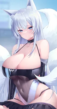 1girl aki_hishi_aana animal_ears arm_behind_back azur_lane breasts cleavage covered_navel elbow_gloves fox_ears fox_girl fox_tail gloves halterneck kitsune kyuubi large_tail long_hair microskirt multiple_tails official_alternate_costume panty_straps purple_eyes race_queen see_through_clothes shinano__azur_lane shinano__moonlit_chrome__azur_lane sitting skirt tail very_long_hair white_hair white_tail