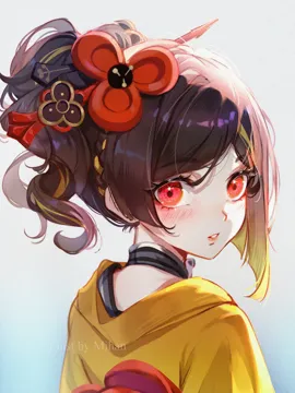 1girl asymmetrical_hair black_choker blonde_hair blush brown_hair choker forehead gloves japanese_clothes long_hair looking_at_viewer looking_back multicolored_hair parted_lips red_eyes sidelocks simple_background solo streaked_hair two_tone_hair upper_body mihan__mihan_art genshin_impact chiori__genshin_impact