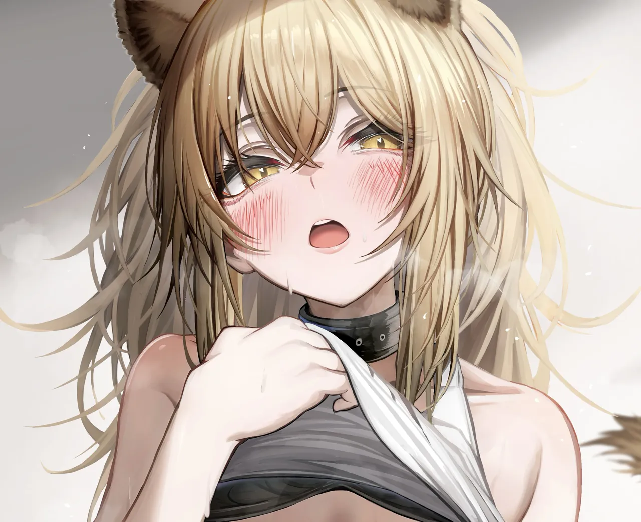1girl animal_ears bare_shoulders black_collar blush brown_hair clothes_lift collar extra_ears hair_between_eyes heavy_breathing lifting_own_clothes lion_ears lion_girl long_hair looking_at_viewer open_mouth shirt shirt_lift solo teeth upper_body upper_teeth_only white_shirt yellow_eyes tab_head arknights siege__arknights