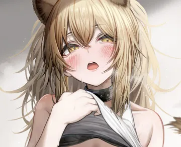 1girl animal_ears bare_shoulders black_collar blush brown_hair clothes_lift collar extra_ears hair_between_eyes heavy_breathing lifting_own_clothes lion_ears lion_girl long_hair looking_at_viewer open_mouth shirt shirt_lift solo teeth upper_body upper_teeth_only white_shirt yellow_eyes tab_head arknights siege__arknights