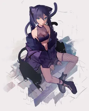 1girl alternate_costume animal_ears asymmetrical_legwear bare_shoulders black_boots black_cat blue_eyes boots breasts cat cat_ears cat_girl cat_tail cleavage crop_top crossed_ankles fishnet_socks fishnet_thighhighs fishnet_top fishnets fur_trimmed_jacket fur_trim hair_between_eyes jacket kemonomimi_mode long_hair long_sleeves looking_at_viewer medium_breasts navel open_clothes open_jacket open_mouth purple_hair purple_jacket see_through_cleavage see_through_clothes simple_background sitting sketch socks solo stomach tail thighhighs twintails white_background monoco55 genshin_impact mona__genshin_impact