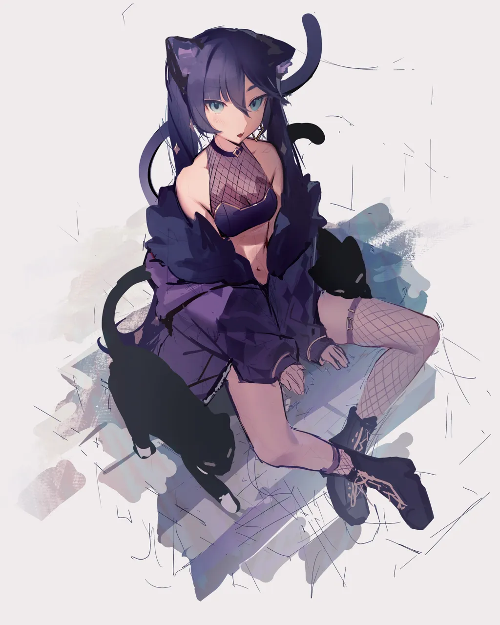 1girl alternate_costume animal_ears asymmetrical_legwear bare_shoulders black_boots black_cat blue_eyes boots breasts cat cat_ears cat_girl cat_tail cleavage crop_top crossed_ankles fishnet_socks fishnet_thighhighs fishnet_top fishnets fur_trimmed_jacket fur_trim hair_between_eyes jacket kemonomimi_mode long_hair long_sleeves looking_at_viewer medium_breasts navel open_clothes open_jacket open_mouth purple_hair purple_jacket see_through_cleavage see_through_clothes simple_background sitting sketch socks solo stomach tail thighhighs twintails white_background monoco55 genshin_impact mona__genshin_impact